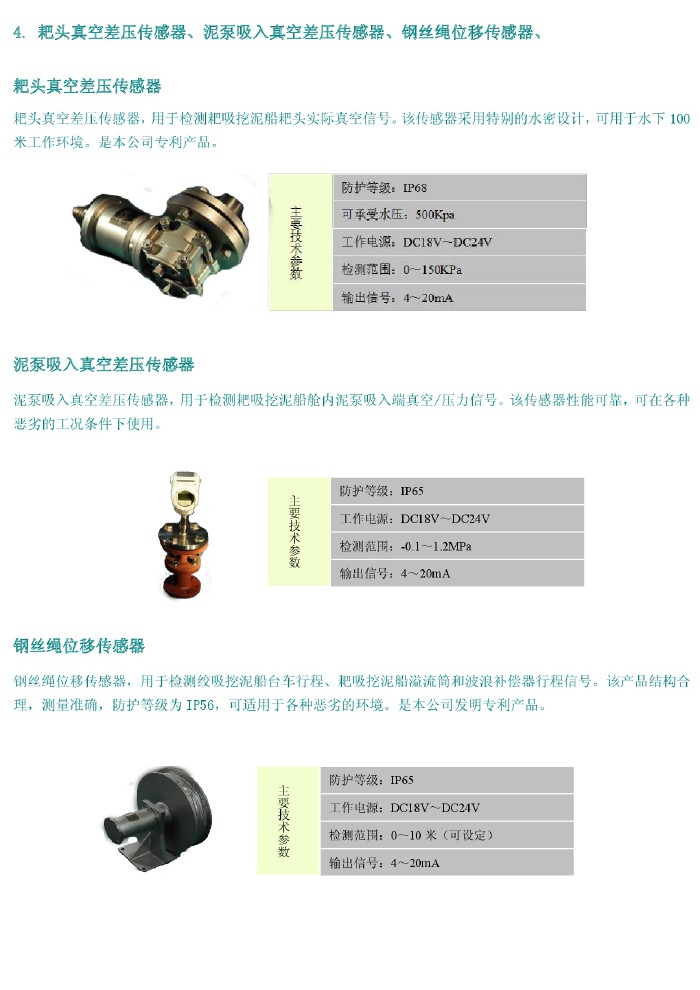 耙頭真空差壓傳感器、泥泵吸入真空差壓傳感器、鋼絲繩位移傳感器、